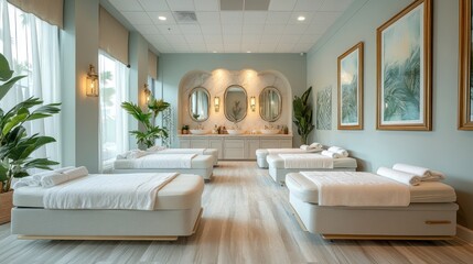 A serene spa room featuring massage tables, natural decor, and calming ambiance.
