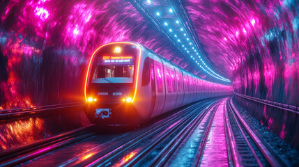 Fototapeta premium Futuristic subway train in neon-lit tunnel