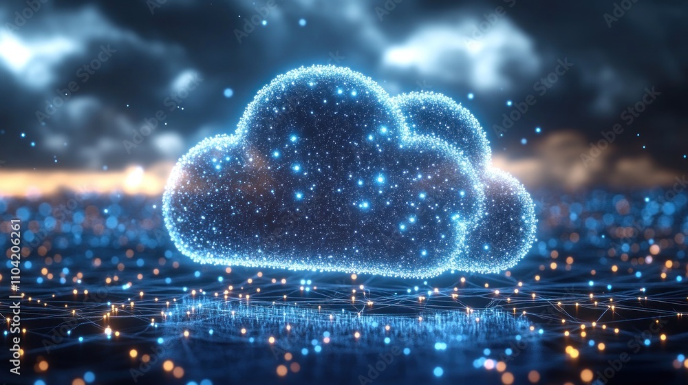 Poster a digital cloud representation with glowing particles over a networked background.