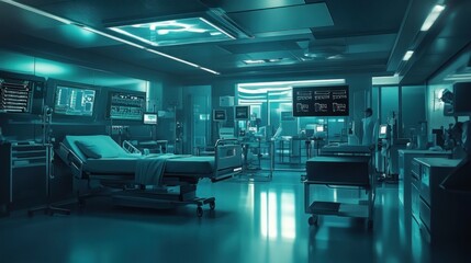 A futuristic depiction of hospitals integrated with digital communication networks.

