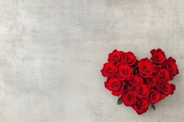 Red roses arranged in a heart shape on a textured blue background for romantic occasions