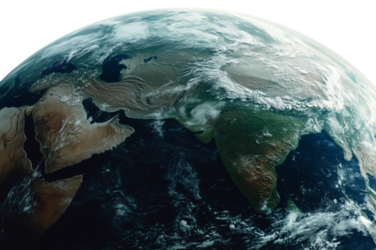 Earth viewed from space with an emphasis on India, asian continents, transparent background, global economics, horizon, sphere