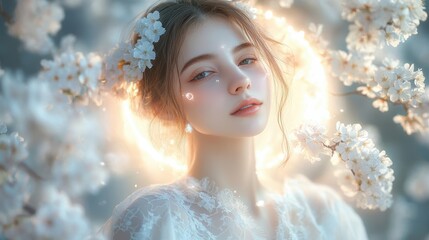 Naklejka premium A serene portrait of a woman surrounded by cherry blossoms and soft light.