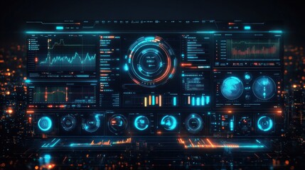 Obraz premium Futuristic digital dashboard displaying data analytics and metrics.