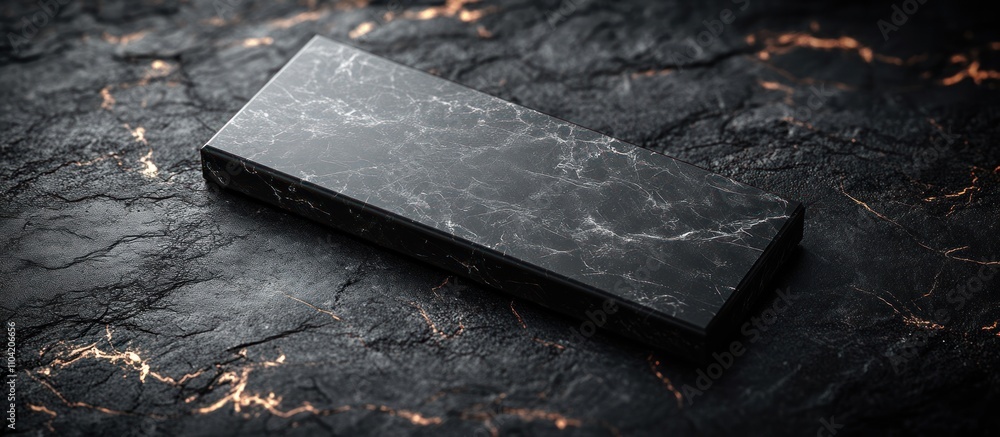 Poster a sleek, black marble-patterned rectangular object on a textured surface.