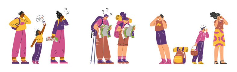 Vector set with confused travelers in need of help navigating on a white background