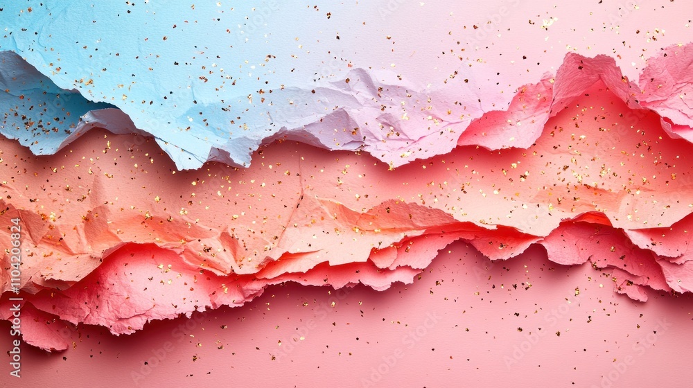 Poster a colorful abstract background with torn paper layers and glitter.