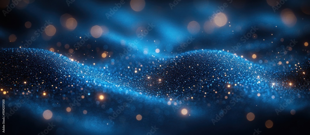 Poster a mesmerizing abstract representation of waves and particles in blue and gold tones.