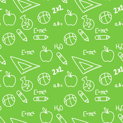 Seamless pattern with various educational-themed doodles on a green background.
