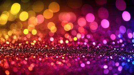 A vibrant, colorful bokeh background with shimmering lights and glitter effects.