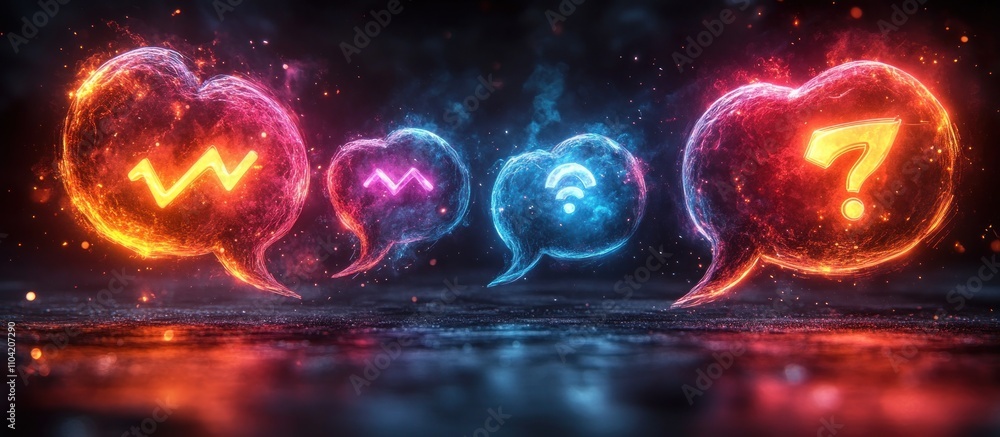 Poster colorful glowing speech bubbles with symbols representing communication and questions.