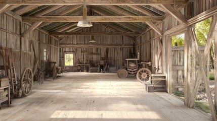 Vintage Barn with Exposed Wood Beams and Rustic Farm Equipment in Ultra-Detailed Photorealistic Image