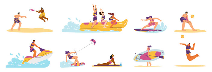 Summer beach and sea sport and leisure activities vector set, playing team games, yoga, surfing, water scooter SUP board