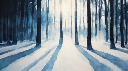 Naklejka premium Snow-covered forest glowing under a pale winter sun, frosted trees casting long shadows, mist rising from the icy ground, serene and chilling