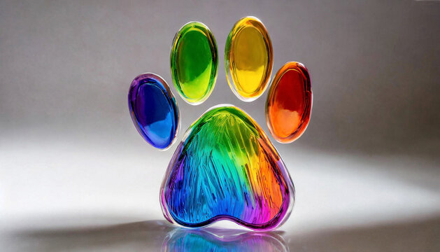colorful rainbow glass dog pawprint on gray and white gradient background
