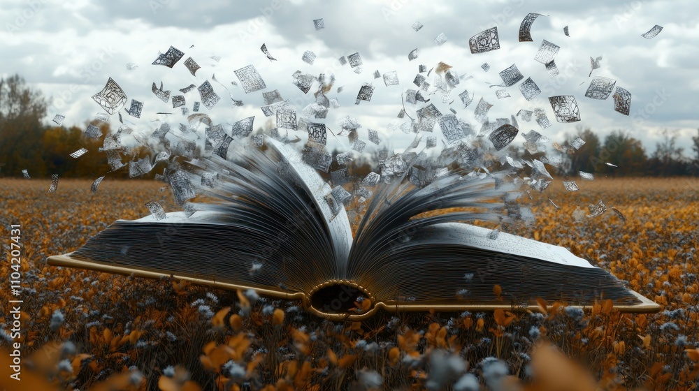 Poster an open book surrounded by floating pages in a serene field under a cloudy sky.