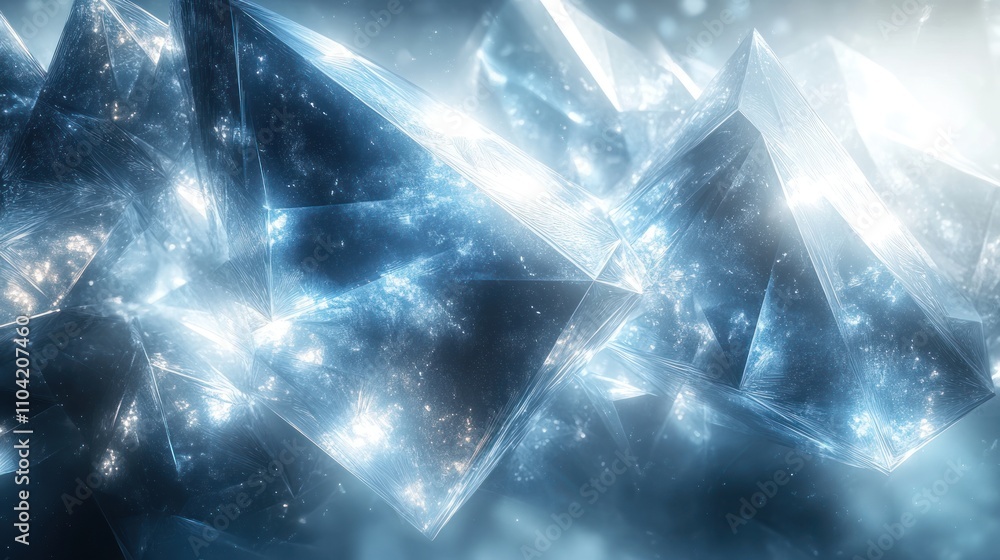 Poster a shimmering abstract composition of crystalline structures reflecting light.