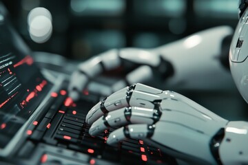 Naklejka premium Advanced robotic hand interacts with computer keyboard in a tech focused environment at night