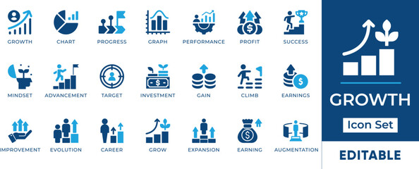Growth Icon Set. Features editable icons for business growth, progress, success, investment, and more. Perfect for presentations, reports, and marketing materials.