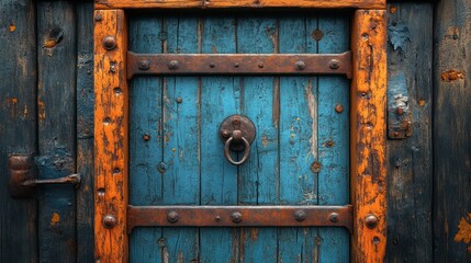 Weathered blue door with orange frame, metal accents, and ring pull.