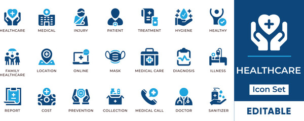 Healthcare Icon Set. Features editable icons for injury, icon, patient, report, signs, treatment, diagnosis, doctor, and health. Perfect for medical, and healthcare.