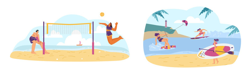 Vector set of beach activities with men and women playing volleyball, board riding, surfing, kitesurfing.