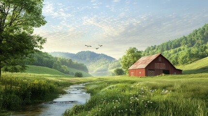 Obraz premium Tranquil Countryside Landscape with Weathered Red Barn Surrounded by Green Hills and Flowing Stream - Ultra-Realistic 3D Illustration