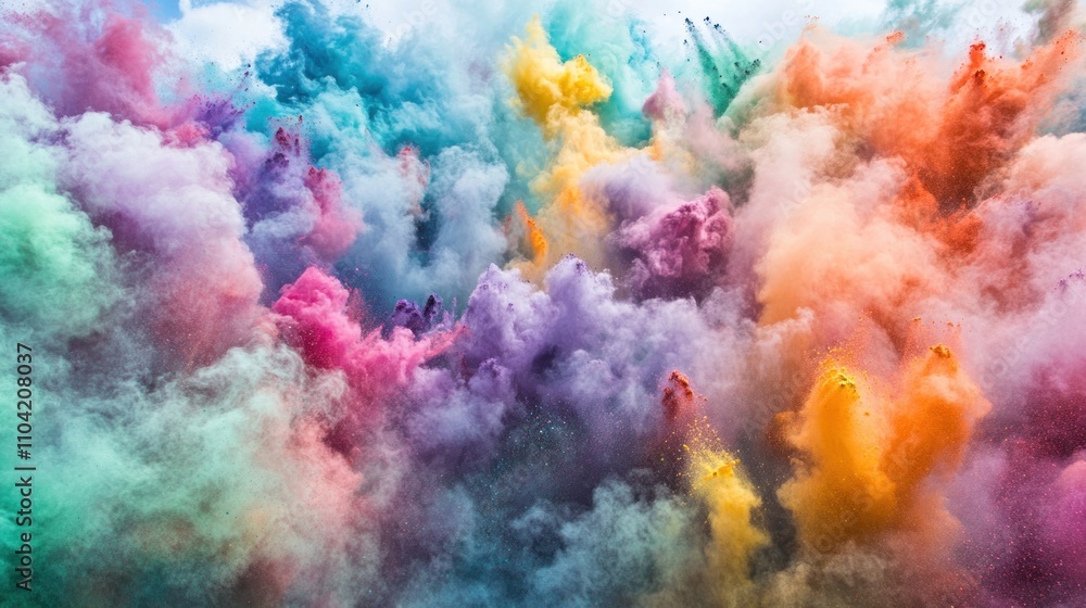 Poster a vibrant explosion of colorful smoke and dust creating a dynamic visual effect.