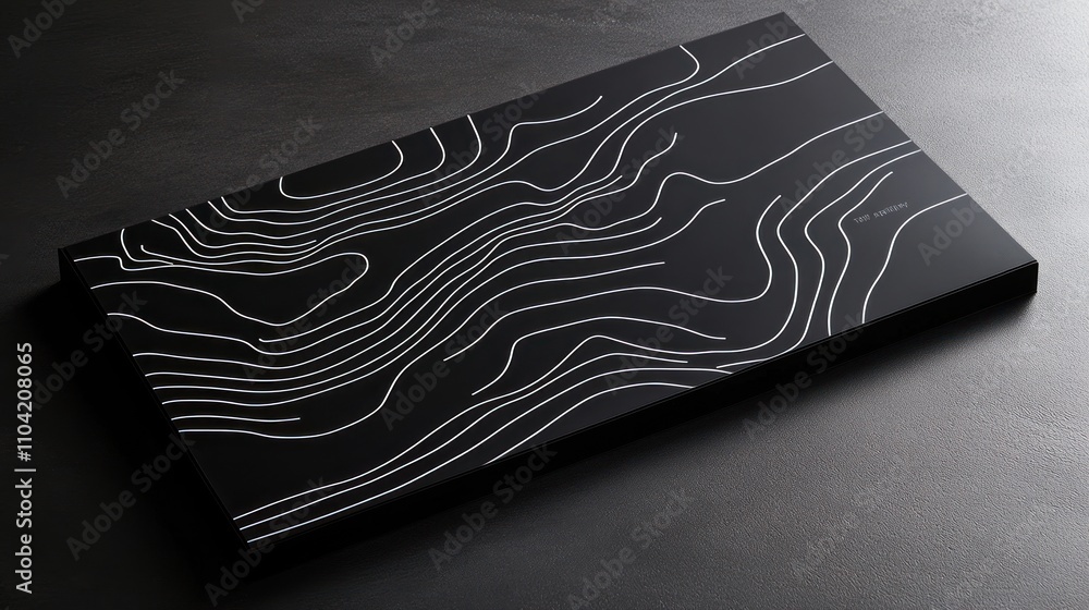 Poster a sleek black surface with white line patterns resembling topographic maps.