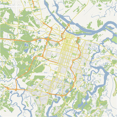 Map of Savannah in Georgia in a normal road map style. Contains layered vector with roads water, parks, etc.