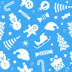 Christmas seamless pattern of icons on blue background in flat style. Vector illustration