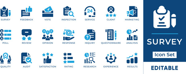 Survey Icon Set. Features editable icons for survey symbols, feedback, polls, questionnaires, research, and more. Perfect for market research, customer satisfaction, and data analysis.