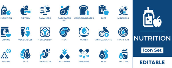 Nutrition Icon Set. Features editable icons digestion, editable, fats, metabolism, planning, balanced, and nourishment. Perfect for nutrition, health, and fitness designs.