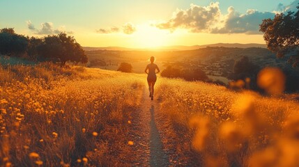 A solitary runner jogs along a sunlit path through a golden field at sunset.