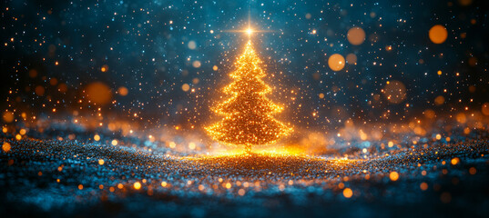 Sparkling christmas tree with golden lights in a snowy night scene