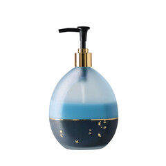 Obraz premium Crafted with an elegant oval shape, this frosted glass dish soap bottle features a blue liquid and a black pump adorned with gold accents, creating a clean and professional look
