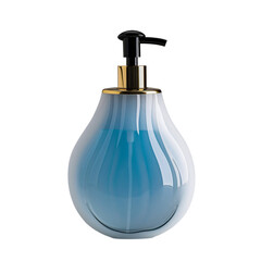 Fototapeta premium Showcasing a luxury dish soap bottle featuring an elegant oval shape. The frosted glass design holds a vivid blue liquid, complemented by a stylish black pump and gold accents