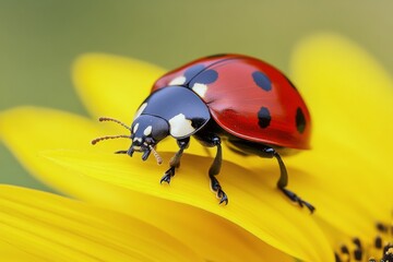 Naklejka premium Colorful ladybug resting on a sunflower in a bright garden during a sunny day