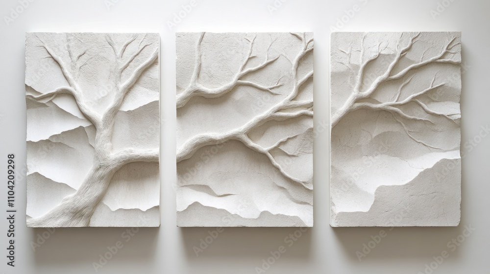 Poster a textured triptych featuring abstract tree branches and landscape elements in relief.