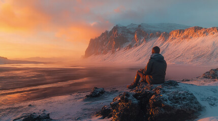 Obraz premium Solitary reflection at sunrise over icy mountain landscape