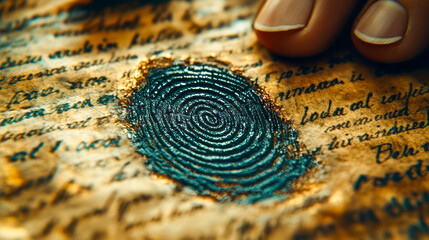 Ancient manuscript with fingerprint impression and hand on script