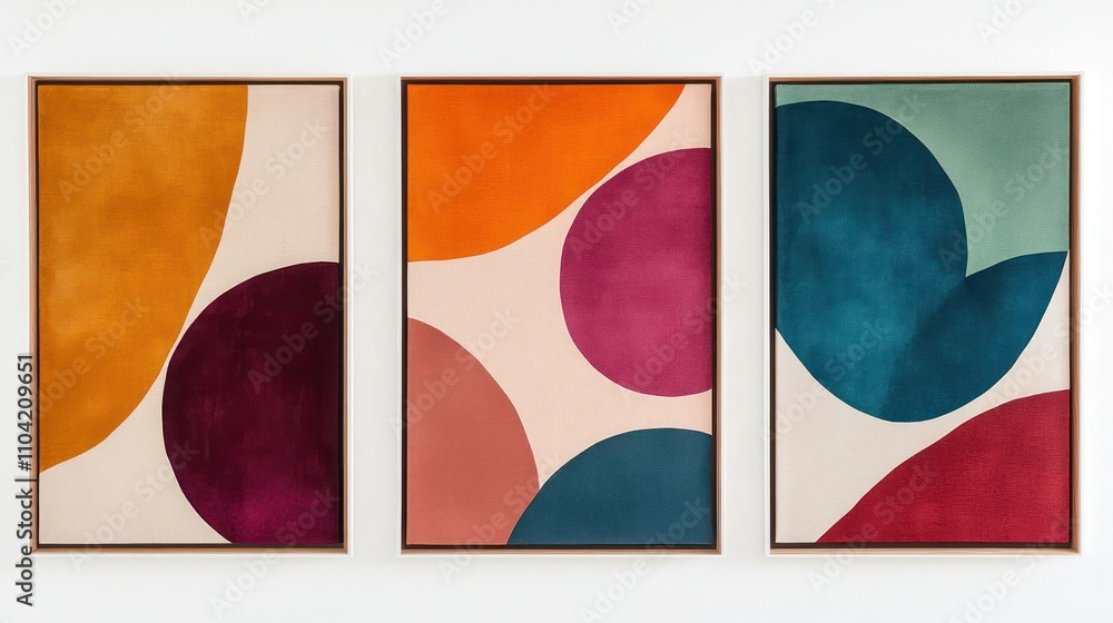 Poster a triptych of abstract art featuring colorful circular shapes on a neutral background.