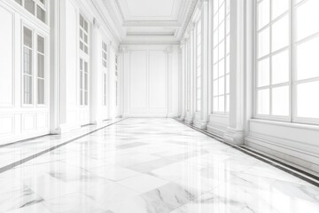 Fototapeta premium A long, white hallway with a marble floor and large windows. The hallway is empty and the light is bright.