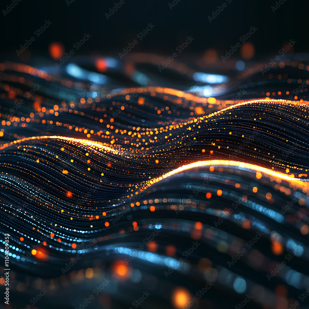 Fototapete Abstract digital wave pattern with glowing particles. Dynamic abstract image of glowing particles forming wavy lines on a dark background.