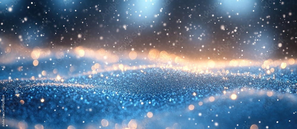 Poster a shimmering blue and gold abstract background with sparkling particles.