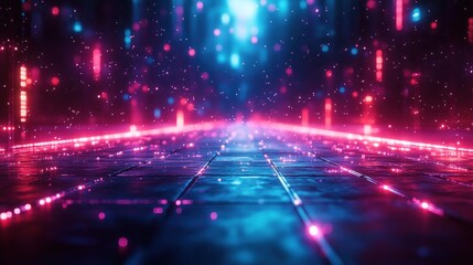 Obraz premium A futuristic digital landscape with glowing lights and a reflective surface.