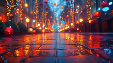 A vibrant street scene adorned with colorful lanterns and festive lights reflecting on wet pavement.