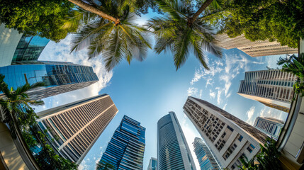 Urban skyscrapers and palm trees with a unique upward view in a vibrant cityscape