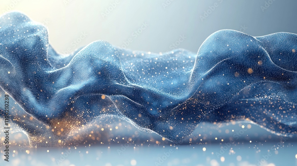 Poster abstract blue waves with sparkling particles, evoking a sense of fluidity and depth.