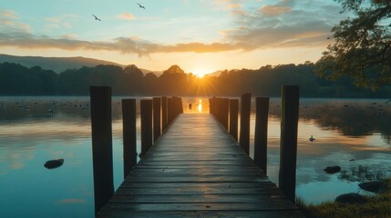 Obraz premium Serene Sunrise Over a Tranquil Lake: A Perfect Wooden Pier Retreat for Peace and Reflection